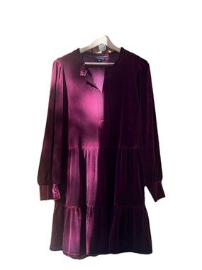 Romantic Burgundy Velvety Tiered Long-sleeve Midi Dress by I•STATE